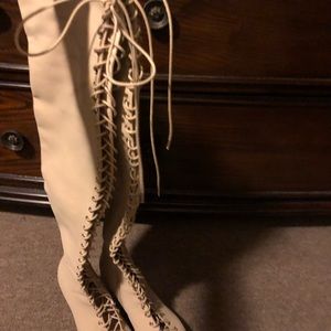 Peep toe lace up over the knee boots